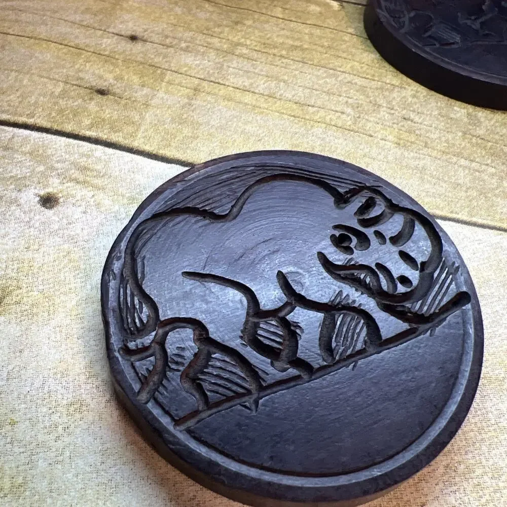 Hand Carved Wooden Africa 6 Coaster Set with Holder & Lid Beautiful Boho 4x5”